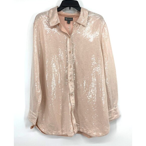 Worthington x Jason Bolden Top Pink Sequin Button Down Long Sleeve - Picture 1 of 10